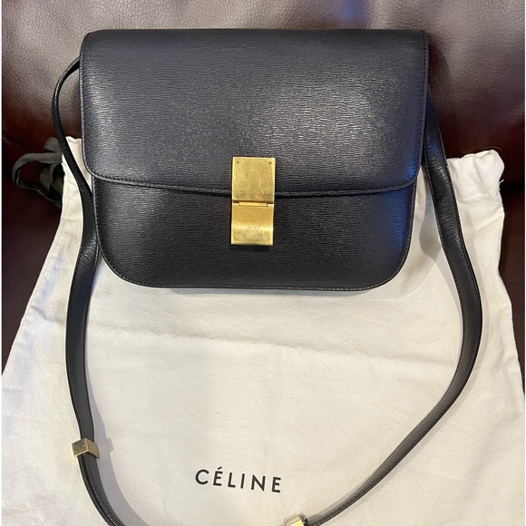 Celine Classic Box Triomphe Medium Calf leather black flap bag canvas handbag - Picture 15 of 16